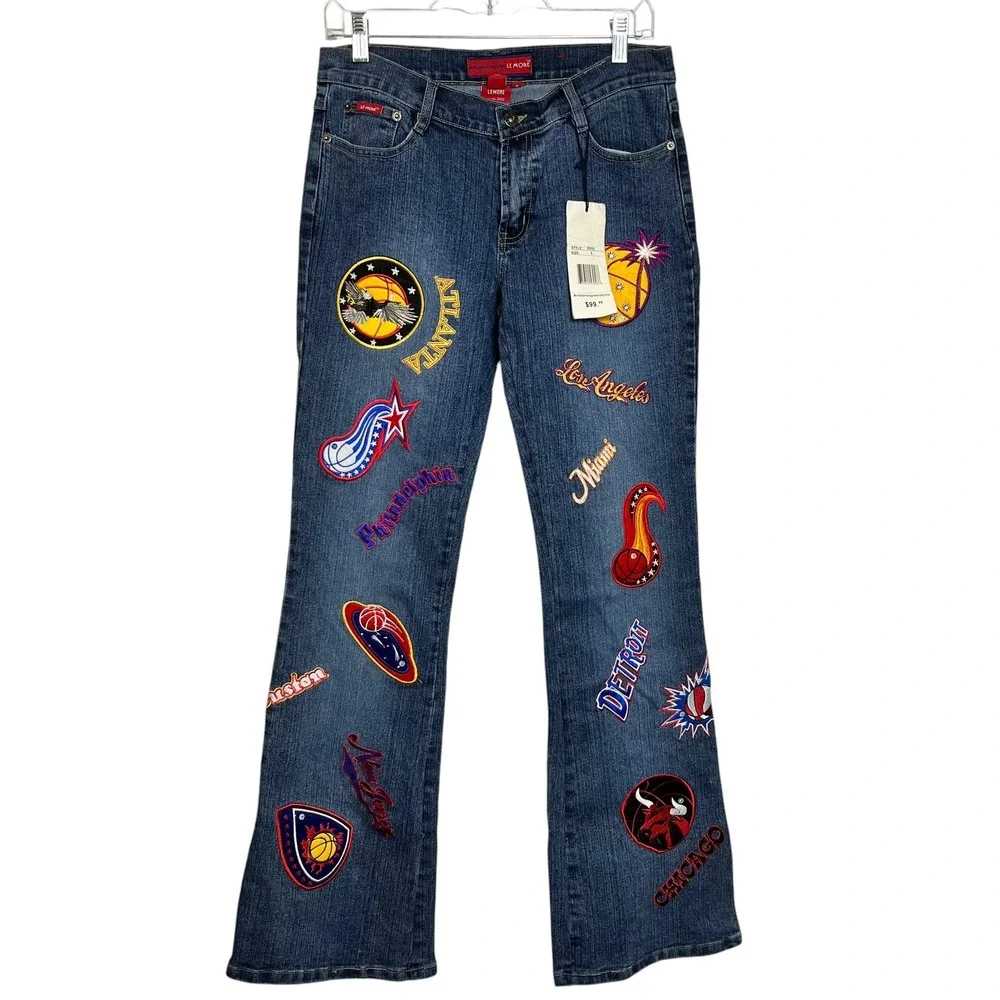 LE MORE Vintage 90's Size 9‎ Embroidered NBA Patch Flare Jeans Retro Y2K Style